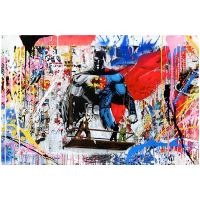 Opera unica di Mr. Brainwash Batman vs Superman disponibile presso la galleria Deodato Arte